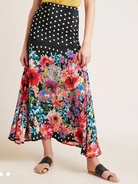 NWT Anthropologie Tolani Katie Black Polka Dot Floral Maxi Skirt Boho Festival M